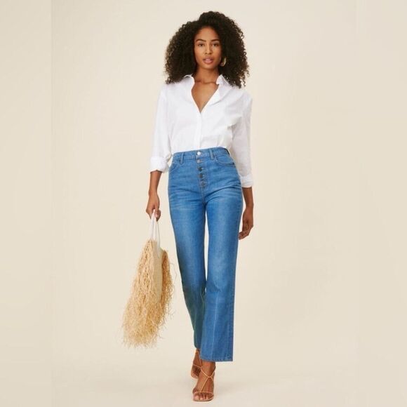 NWT Reformation Cynthia Button Fly High Rise Straight Jeans in Zenia Medium Blue - Picture 2 of 13